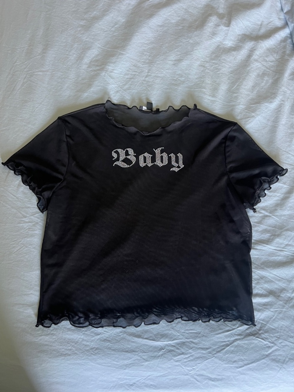 Black Mesh 'Baby' Rhinestone Tee
